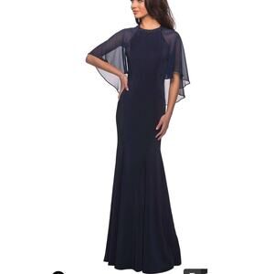 La Femme Navy Illusion Cape Trumpet Gown Jewel Neck Dress Size 16 Wedding Formal